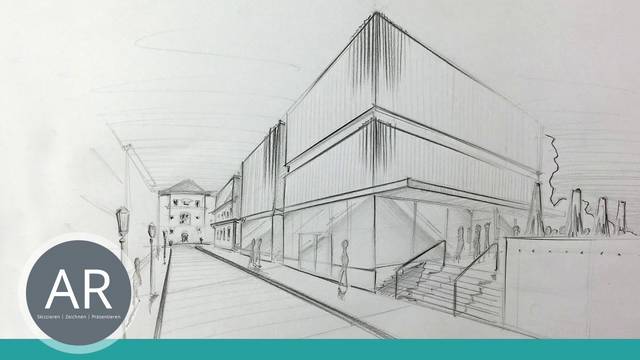 Gebäude in Zwei-Punkt-Perspektive zeichnen. Zeichenkurse für Architekten und Innenarchitekten