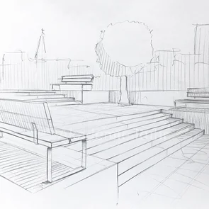 Nutzen Sie die 2-Punkt-Perspektive um Treppen und Stufen in Außenräumen zu visualisieren. In unserem Workshop für Landschaftsarchitektur erfahren sie alles darüber. 