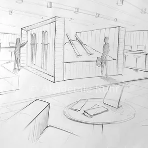 Visualisieren Sie Ihre Ideen mit einer Handskizze und erfahren Sie in unserem Messebauer-Workshop, wie sie mithilfe von Perspektive Tiefenwirkung erzeugen können.