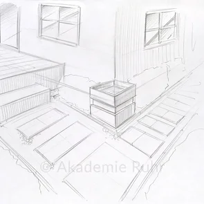 Gartenanlagen mit Steinböden lassen sich effektiv in der 2-Punkt-Perspektive visualisieren. In unserem Seminar für Stein Design erfahren Sie alles zum sicheren Umgang mit Perspektive.