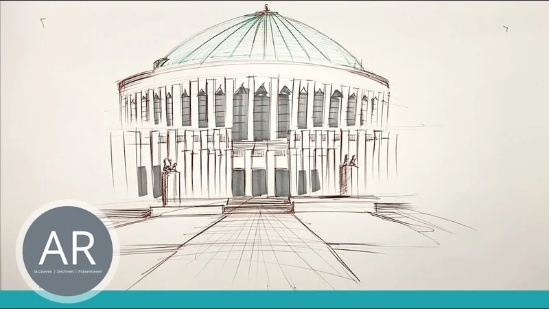 Architektur-Zeichnungen in der 1-Punkt-Perspektive oder Zentralperspektive