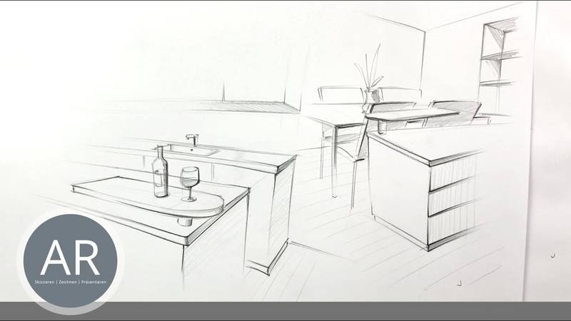 Küchen in Perspektive zeichnen. Zeichenkurse für Küchenplaner. Küchen-Skizzen, Küchen-Zeichnungen