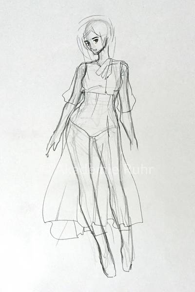Gute Modeskizzen brauchen Grundwissen zu Anatomie und Stofflichkeit. Hier ein Beispiel für eine Modeskizze mit Bleistift